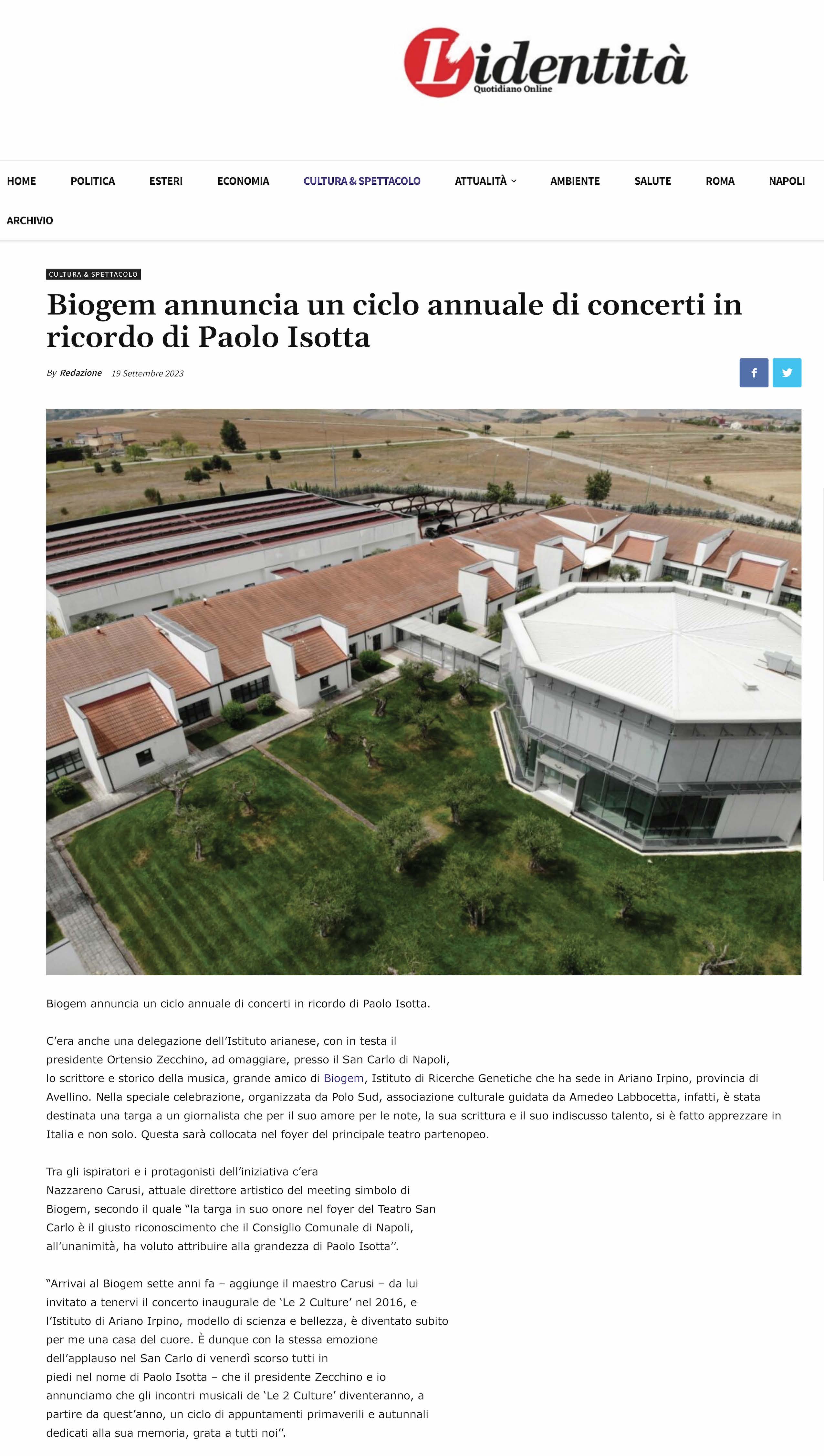 Biogem annuncia un ciclo annuale di concerti in ricordo di Paolo Isotta